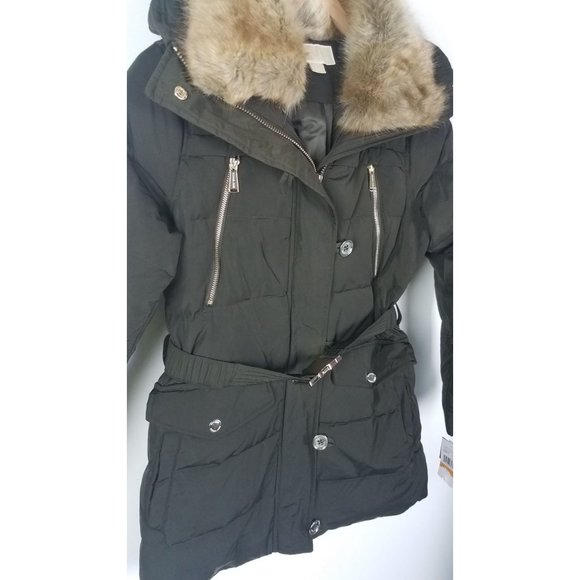 Michael Michael Kors Sz. S Belted Faux Fur Down Hooded Puffer Coat Dark Moss NWT - Picture 3 of 12